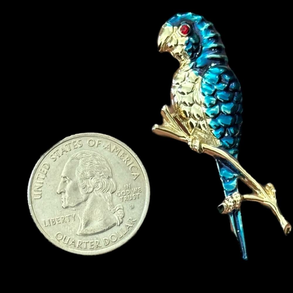 Vintage Blue Enamel Parrot Bird Brooch Pin Gold Tone